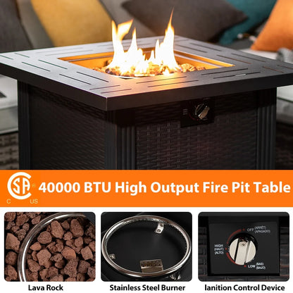 SEGMART 28'' Outdoor Gas Fire Pit Table, 40,000 BTU Propane Patio Heater with Lid and Lava Rocks, Propane Fire Pit Table with Auto-Ignition for Garden Patio Backyard Picnic
