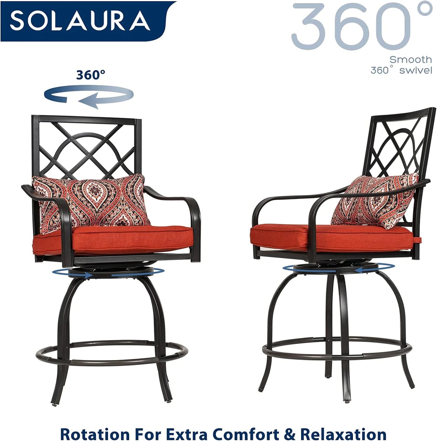 SOLAURA 2 Piece Outdoor Swivel Bar Stools Patio Metal Height Bistro Chairs with Cushions