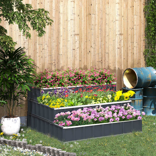 DUOSONG Outsunny 3 Tier Raised Garden Bed Color Steel Raised Garden Bed W/Pair Of Glove 47''X 47''X 25'' For Backyard, Patio To Grow Vegetables, Herbs, And Flowers, Grey Gray Steel Garden & Outdoor