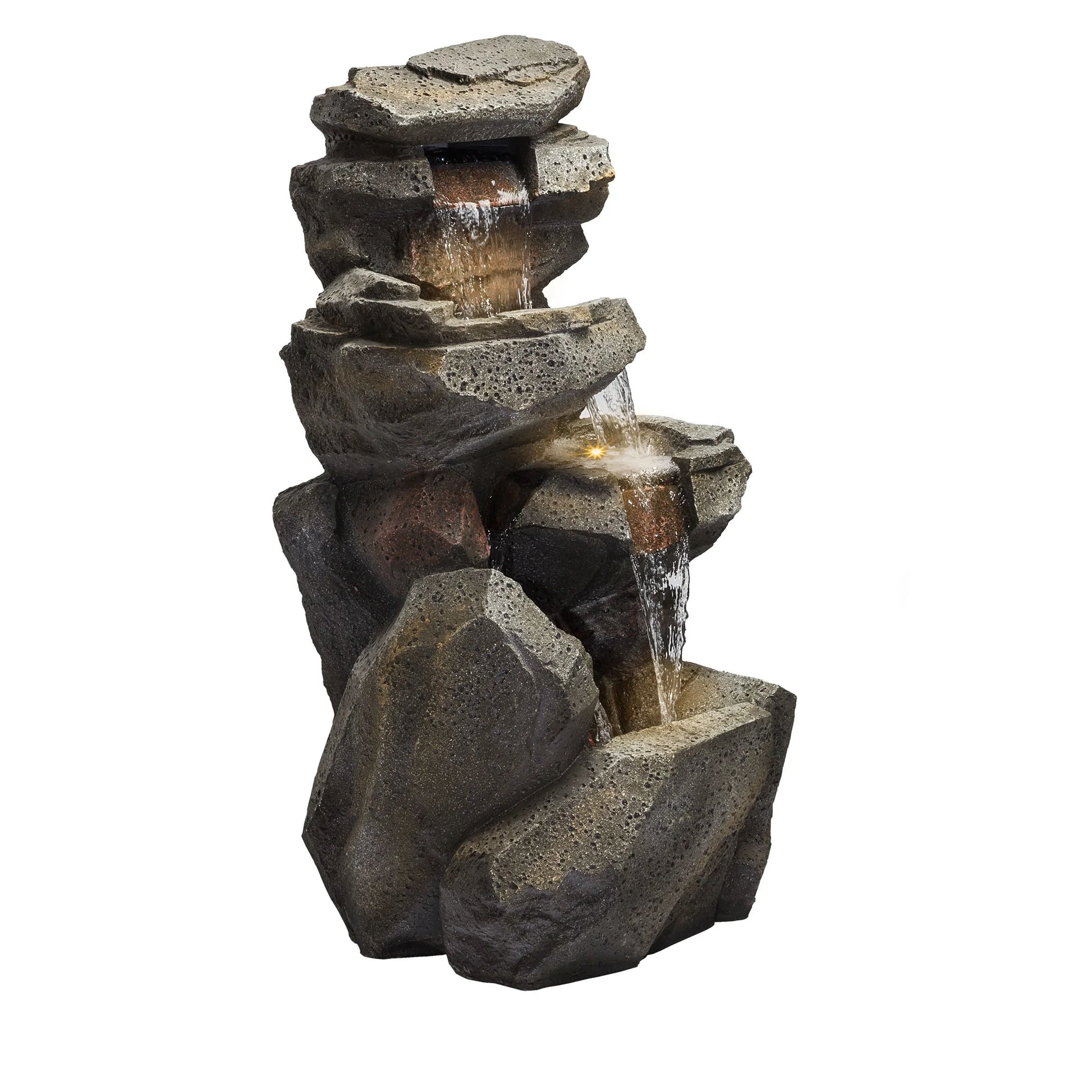 Alpine Corporation WIN1184 40" Outdoor Floor 3-Tiered Rock Waterfall Fountain with LED Lights, Natural Stone Look - Cascading Water Feature for Gardens, Patios, Yards, and Outdoor Dcor, Gray