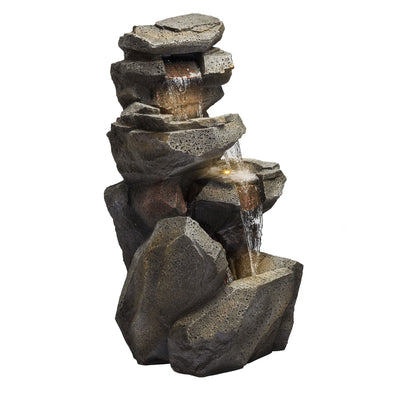 Alpine Corporation WIN1184 40" Outdoor Floor 3-Tiered Rock Waterfall Fountain with LED Lights, Natural Stone Look - Cascading Water Feature for Gardens, Patios, Yards, and Outdoor Dcor, Gray