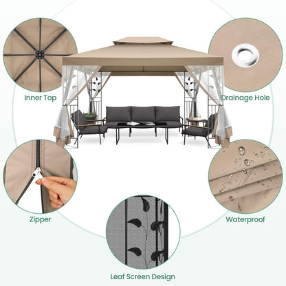 COBIZI Pop-up Gazebo, 10' x 13' Outdoor Steel Double Roof Canopy, Metal Frame Pavilion with Mosquito Netting, Sunshade for Garden, Patio, Lawns, Brown