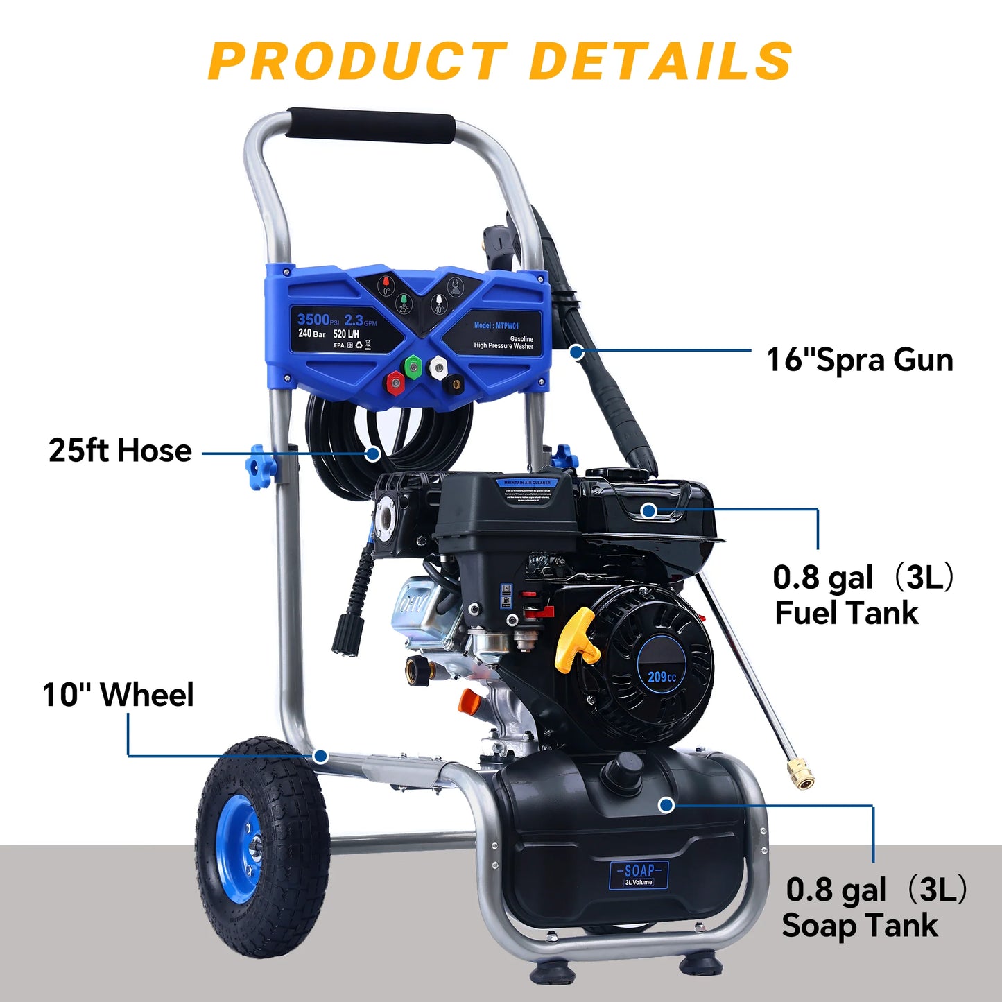 Efurden Gas Pressure Washer, 3500 PSI and 2.3Max GPM Power Washer with 4 Quick Connect Nozzles, 25 Ft Hose for Cleaning Floors, Cars, Patios