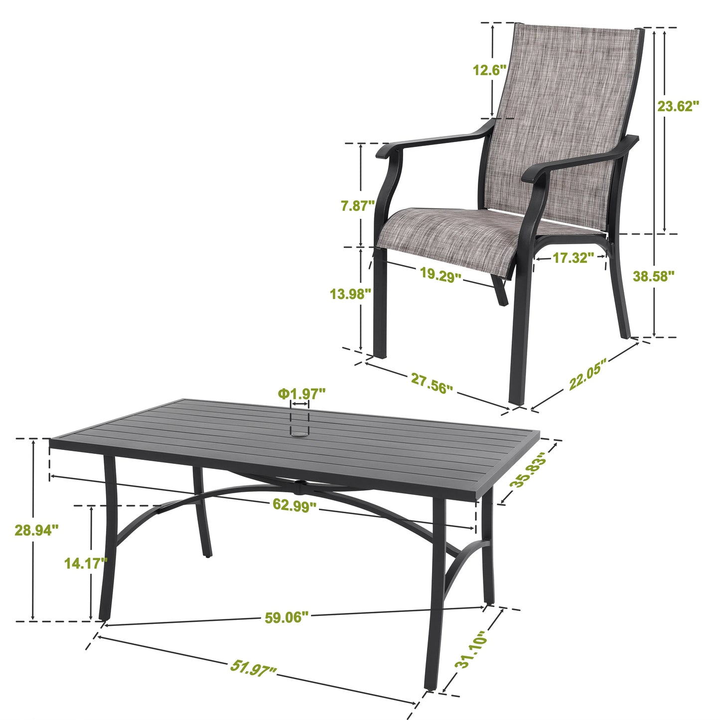 Nuu Garden 7 Piece Patio Dining Set, Rust-Resistant Aluminum Outdoor Dining Set, Include 6 Textilene Chairs and Rectangle Dining Table with Umbrella Hole, Grayish Brown