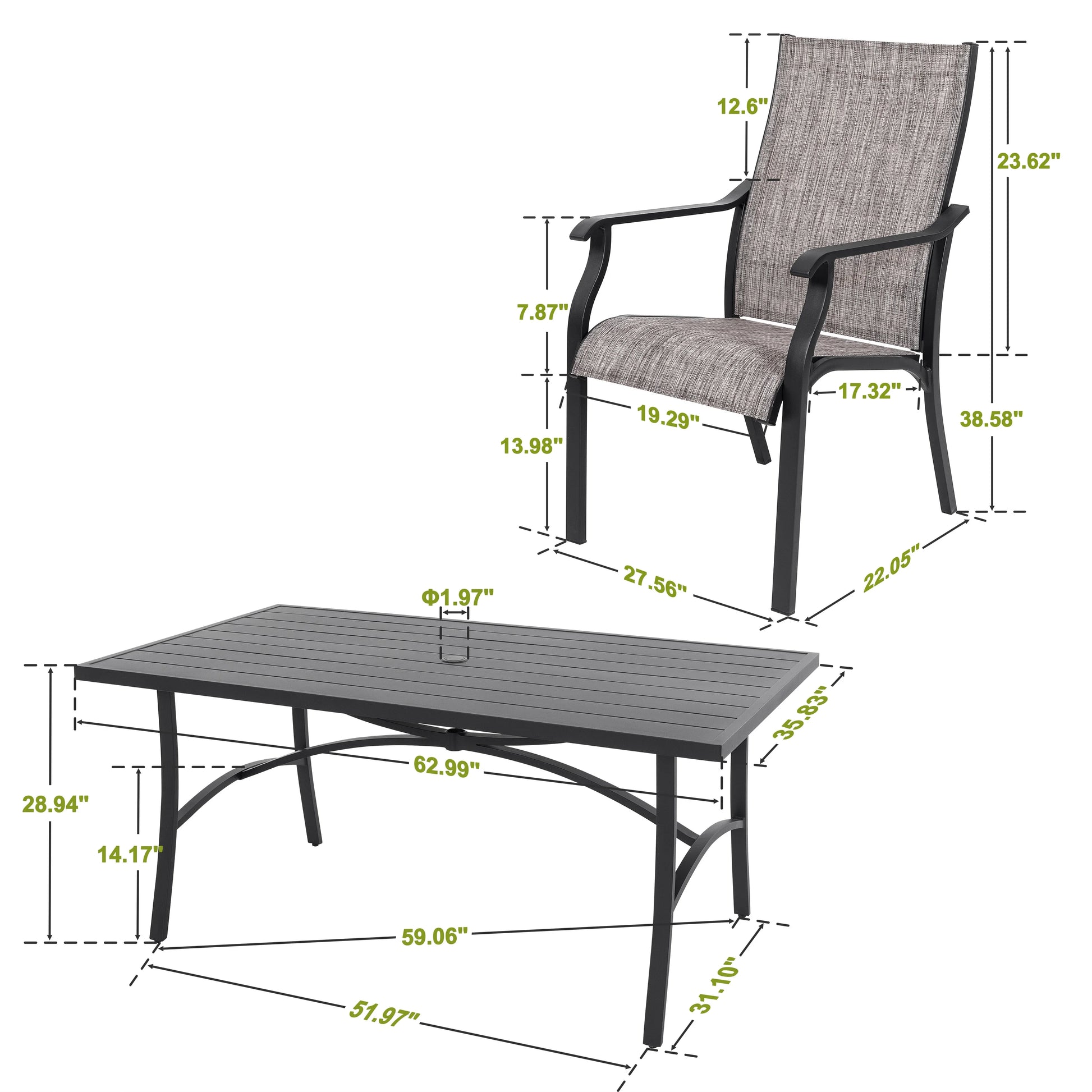 Nuu Garden 7 Piece Patio Dining Set, Rust-Resistant Aluminum Outdoor Dining Set, Include 6 Textilene Chairs and Rectangle Dining Table with Umbrella Hole, Grayish Brown