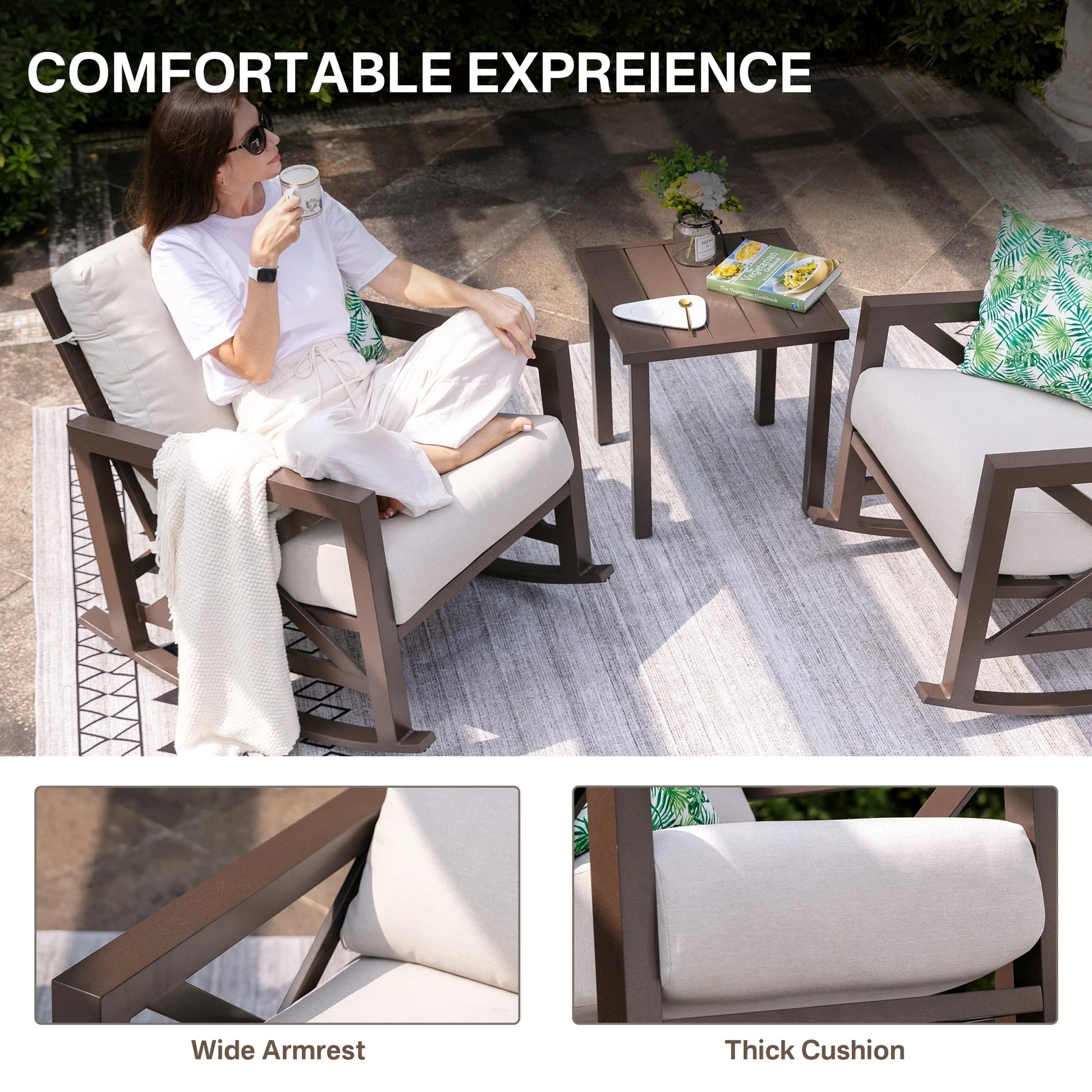 NATURAL EXPRESSIONS Sunbrella Rocking Bistro Set, 3 Piece Outdoor Patio Conversation Furniture Set with 6.5'' Thick Cushions Wood Grain Finish Frame for Backyard,Porch,Poolside