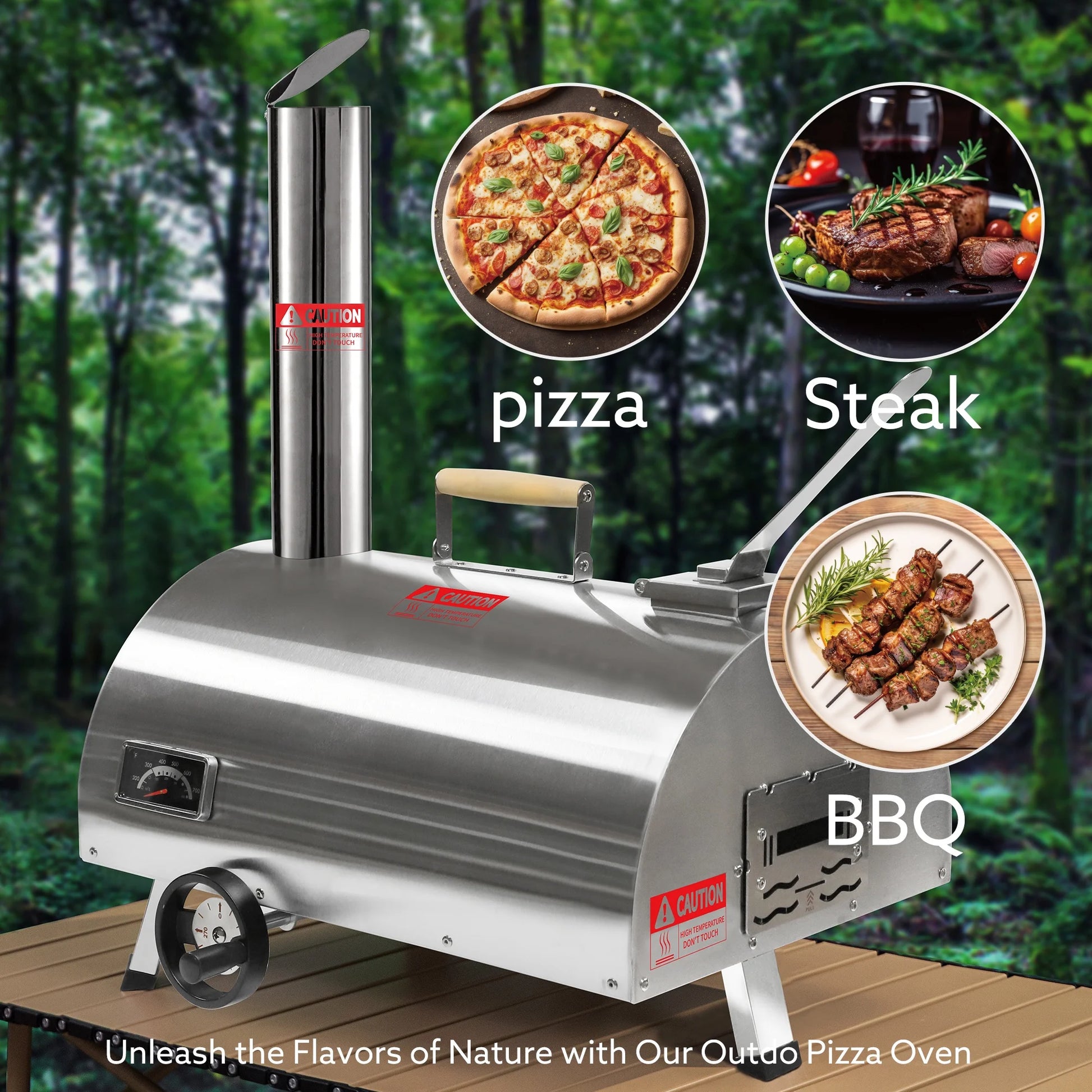 12" Wood Pellet Outdoor Pizza Oven, Portable Stainless Steel Rotatable Pizza Maker with Built-in Thermometer, Carry Bag, Pizza Cutter, Semi-Automatic Pellet & Wood Pizza Oven for Garden BBQ, Patio