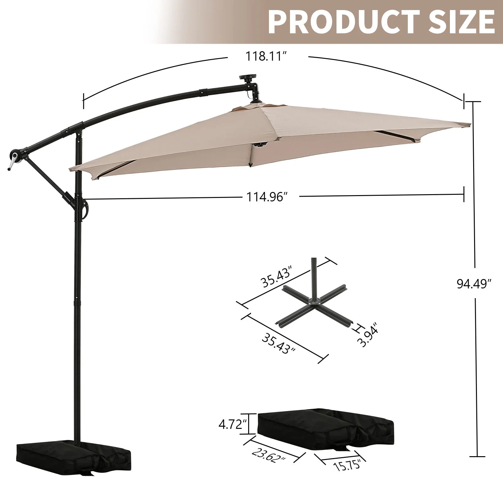 Ainfox 10ft Cantilever Patio Umbrella with Lights, Offset Market Umbrella with Sandbags Weighted Base and Cross Base,Khaki