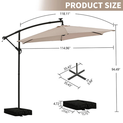 Ainfox 10ft Cantilever Patio Umbrella with Lights, Offset Market Umbrella with Sandbags Weighted Base and Cross Base,Khaki