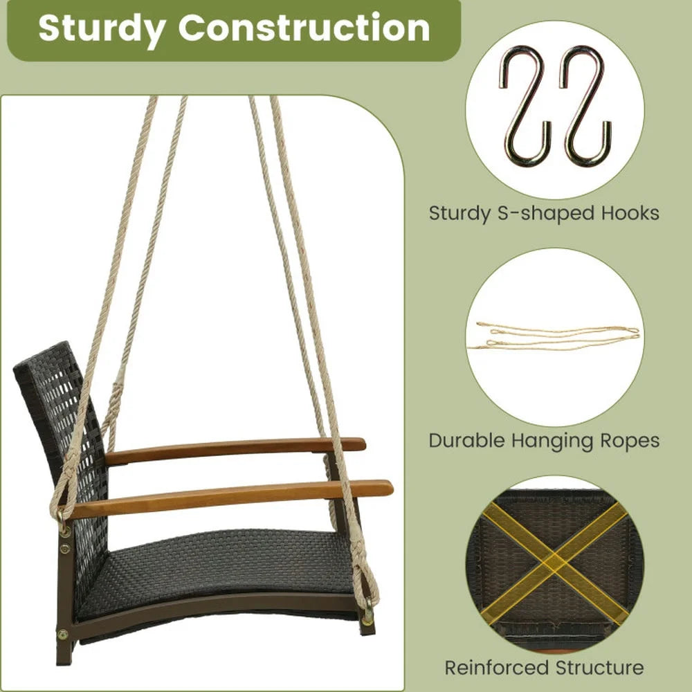 Spaco Single Rattan Porch Swing, Porch Swing with Armrests Cushion and Hanging Ropes, Durable Bench Swing for Outdoor as Garden, Patio, White