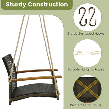 Spaco Single Rattan Porch Swing, Porch Swing with Armrests Cushion and Hanging Ropes, Durable Bench Swing for Outdoor as Garden, Patio, White