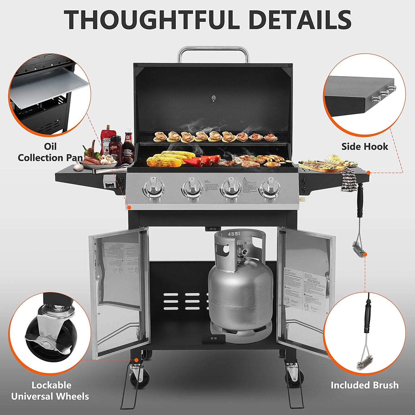 40,000BTU Grill w/Brush, 4-Burner Propane Gas Grill Stainless Steel, Outdoor Camping BBQ Grill on Wheels Portable for Patio Poolside RV