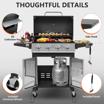 40,000BTU Grill w/Brush, 4-Burner Propane Gas Grill Stainless Steel, Outdoor Camping BBQ Grill on Wheels Portable for Patio Poolside RV