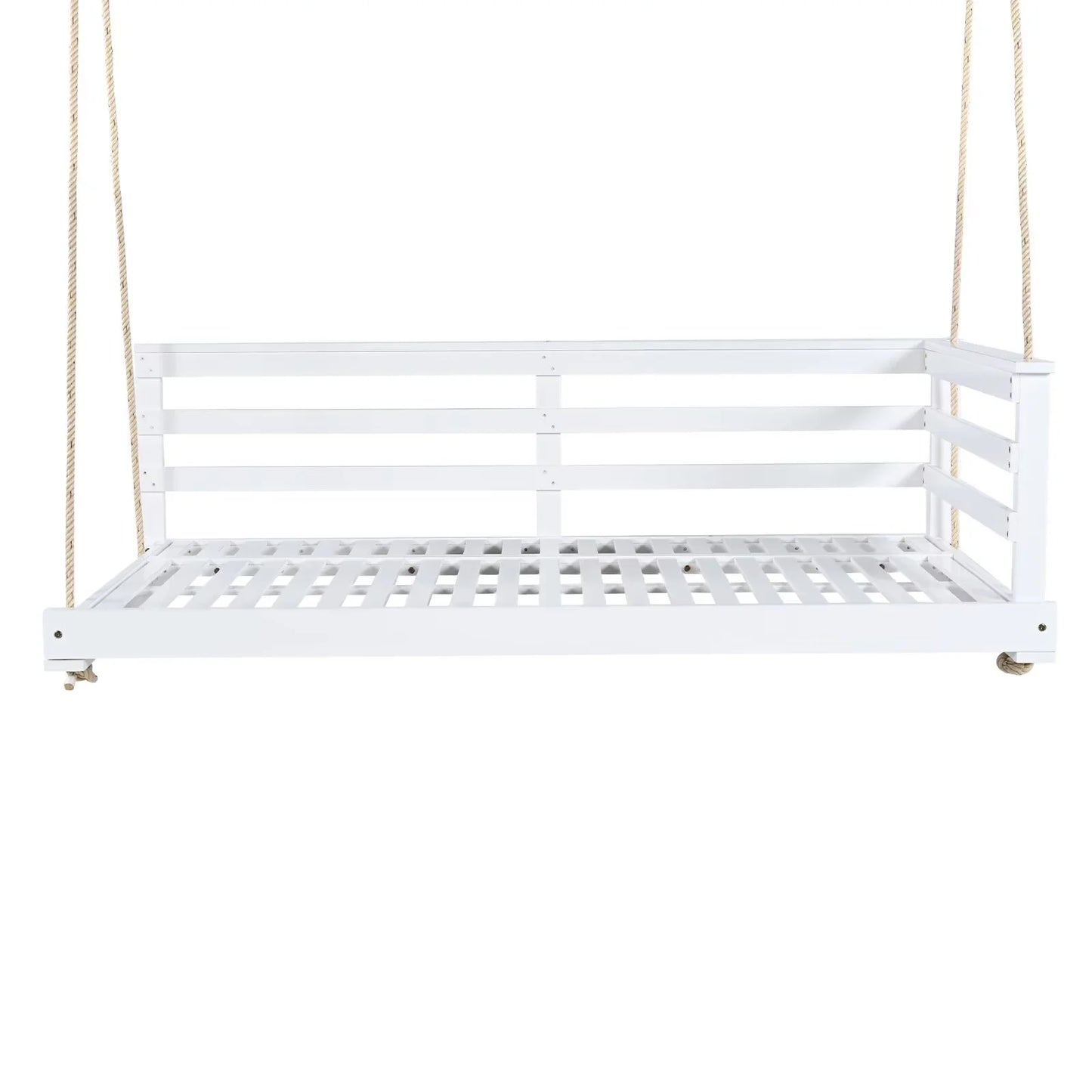 Country Patio Wooden Twin Size Swing Daybed Porch Swing Frame with 4pcs 96-inch Hemp Ropes for Backyard, Garden, White