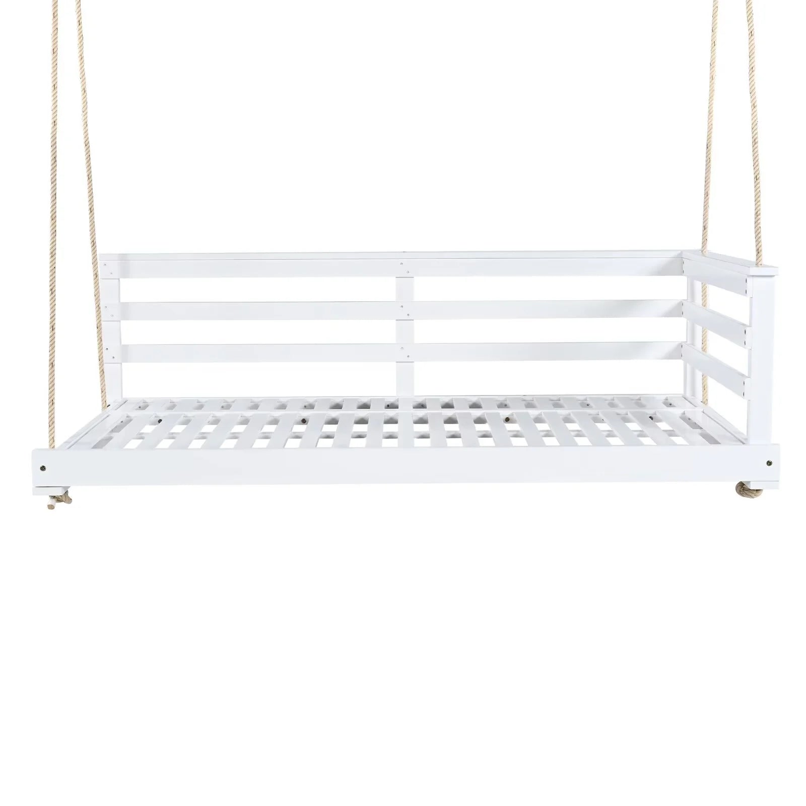 Country Patio Wooden Twin Size Swing Daybed Porch Swing Frame with 4pcs 96-inch Hemp Ropes for Backyard, Garden, White