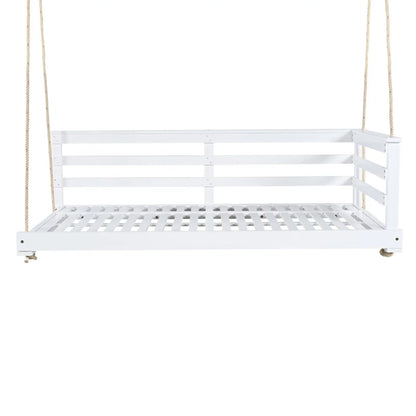 Country Patio Wooden Twin Size Swing Daybed Porch Swing Frame with 4pcs 96-inch Hemp Ropes for Backyard, Garden, White