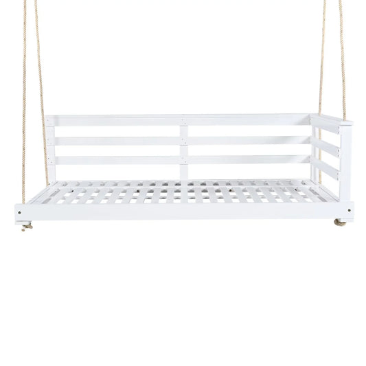 Country Patio Wooden Twin Size Swing Daybed Porch Swing Frame with 4pcs 96-inch Hemp Ropes for Backyard, Garden, White