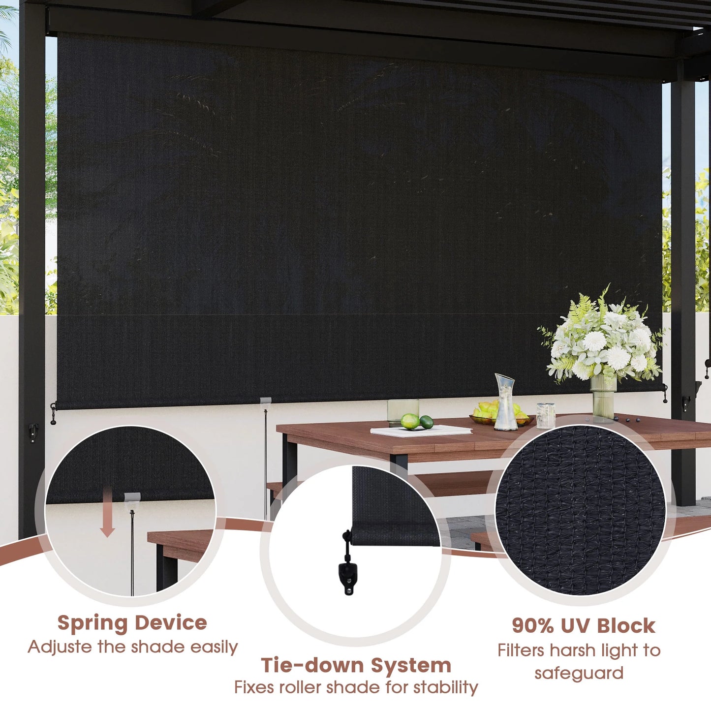 Vicllax Outdoor Patio Blinds Sun Shades Spring Roller Shade with Valance for Patio, Gray, 8'Wx8'H