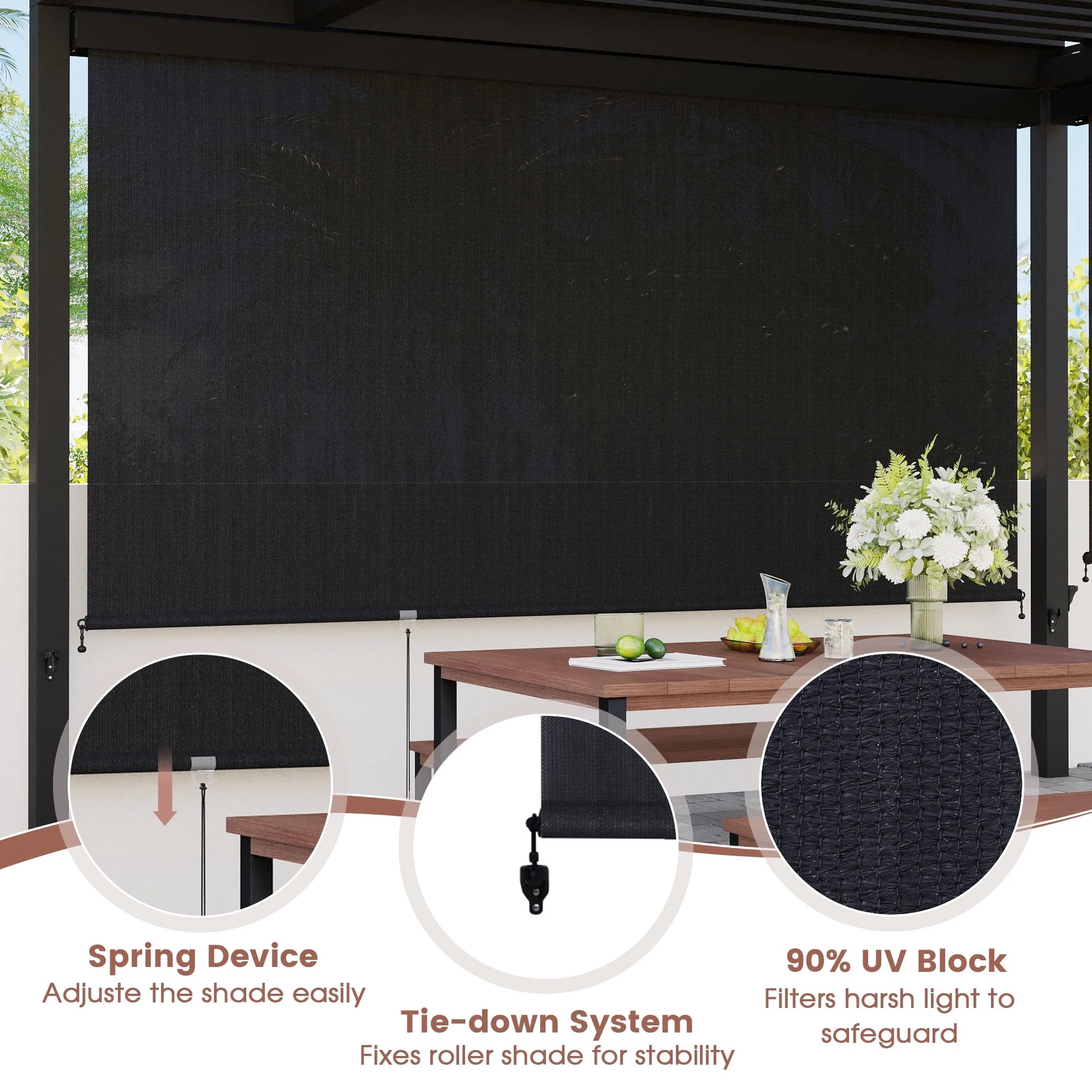Vicllax Outdoor Patio Blinds Sun Shades Spring Roller Shade with Valance for Patio, Gray, 8'Wx8'H