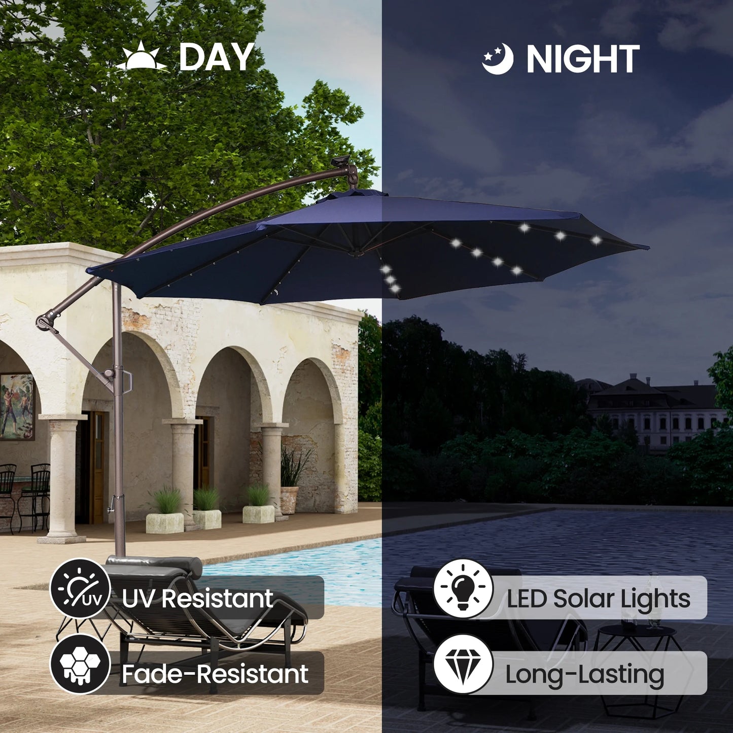 Mondawe 10ft Solar Lights Offset Cantilever Patio Umbrella - with Light, LED Lighted Offset Hanging Patio Outdoor Market Umbrella UPF50+ UV Protection with Crank,Navy Blue