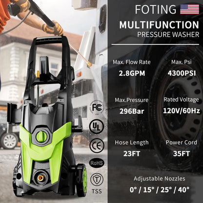 Electric Pressure Washer 4300 PSI 2.8 GPM, 2024 23ft Hose 35ft Power Cord,Upgraded Power Washer with 6ft Inlet, 4 Nozzle and Detergent Tank for Cars, Fences, Patio