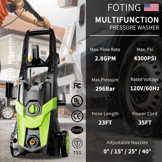Electric Pressure Washer 4300 PSI 2.8 GPM, 2024 23ft Hose 35ft Power Cord,Upgraded Power Washer with 6ft Inlet, 4 Nozzle and Detergent Tank for Cars, Fences, Patio
