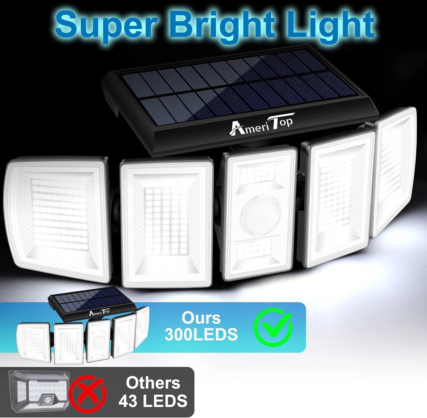 Solar Lights Outdoor AmeriTop 300 LED 7000K Motion Sensor Lights Cordless; 5 Adjustable Heads, 360° Wide Angle Illumination, IP65 Waterproof, Security LED Flood Light for Patio Yard Garden 2 Pack