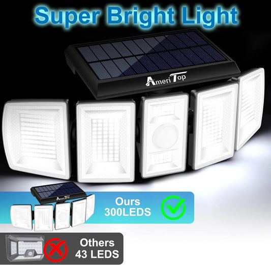 Solar Lights Outdoor AmeriTop 300 LED 7000K Motion Sensor Lights Cordless; 5 Adjustable Heads, 360° Wide Angle Illumination, IP65 Waterproof, Security LED Flood Light for Patio Yard Garden 2 Pack