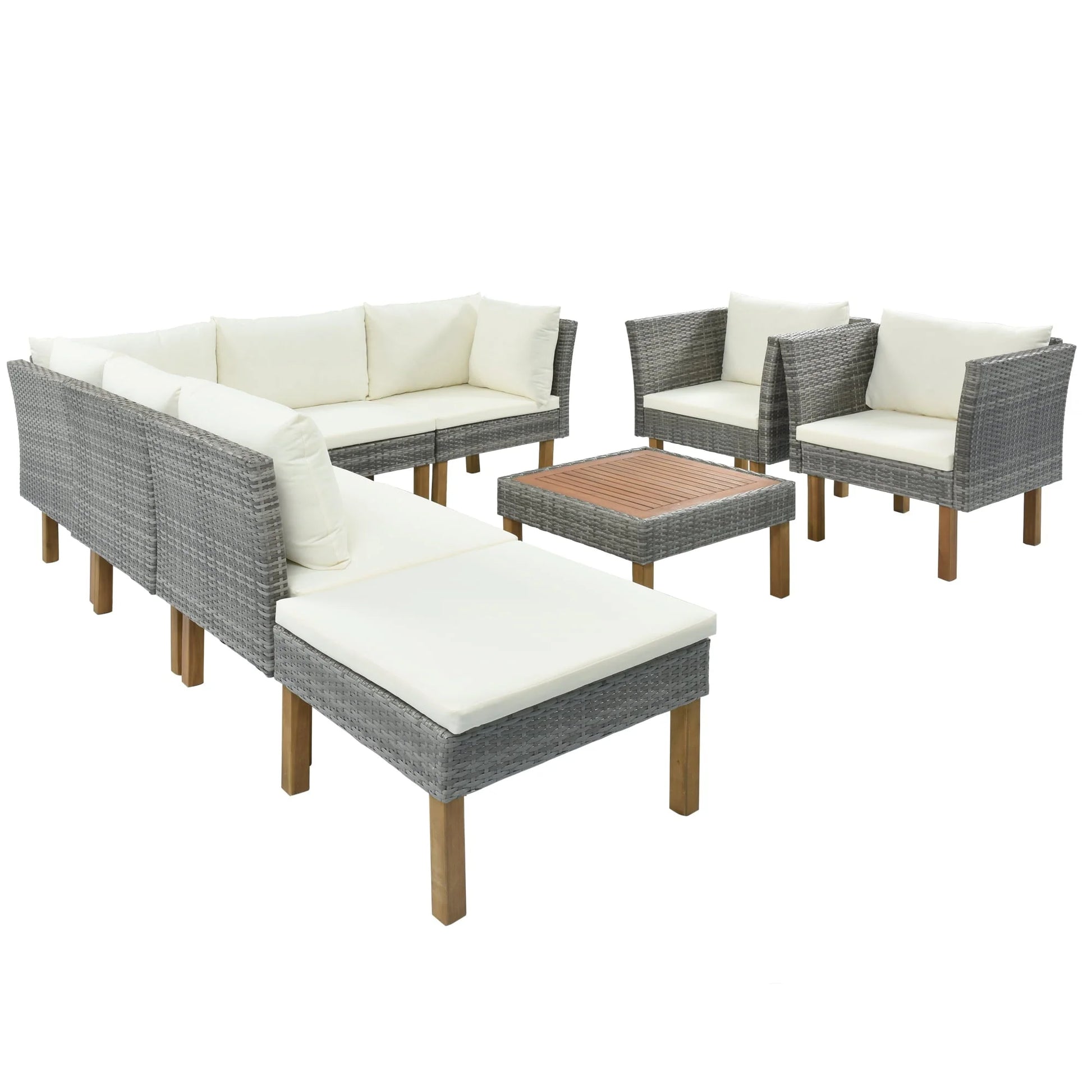 CoSoTower 9-Piece Outdoor Patio Garden Wicker Sofa Set, Gray PE Rattan Sofa Set, with Wood Legs, Acacia Wood Tabletop, Armrest Chairs with Beige Cushions