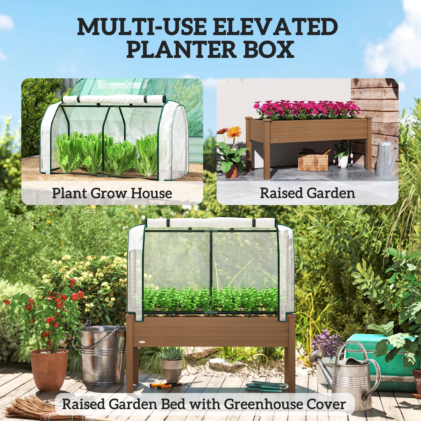 Outsunny Raised Garden Bed with PE Greenhouse Cover Outdoor Elevated Wood Planter Box for Herbs, Vegetables, for Patio, Backyard, Balcony, Brown