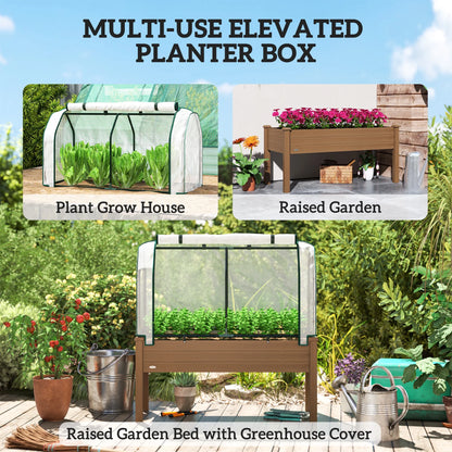 Outsunny Raised Garden Bed with PE Greenhouse Cover Outdoor Elevated Wood Planter Box for Herbs, Vegetables, for Patio, Backyard, Balcony, Brown