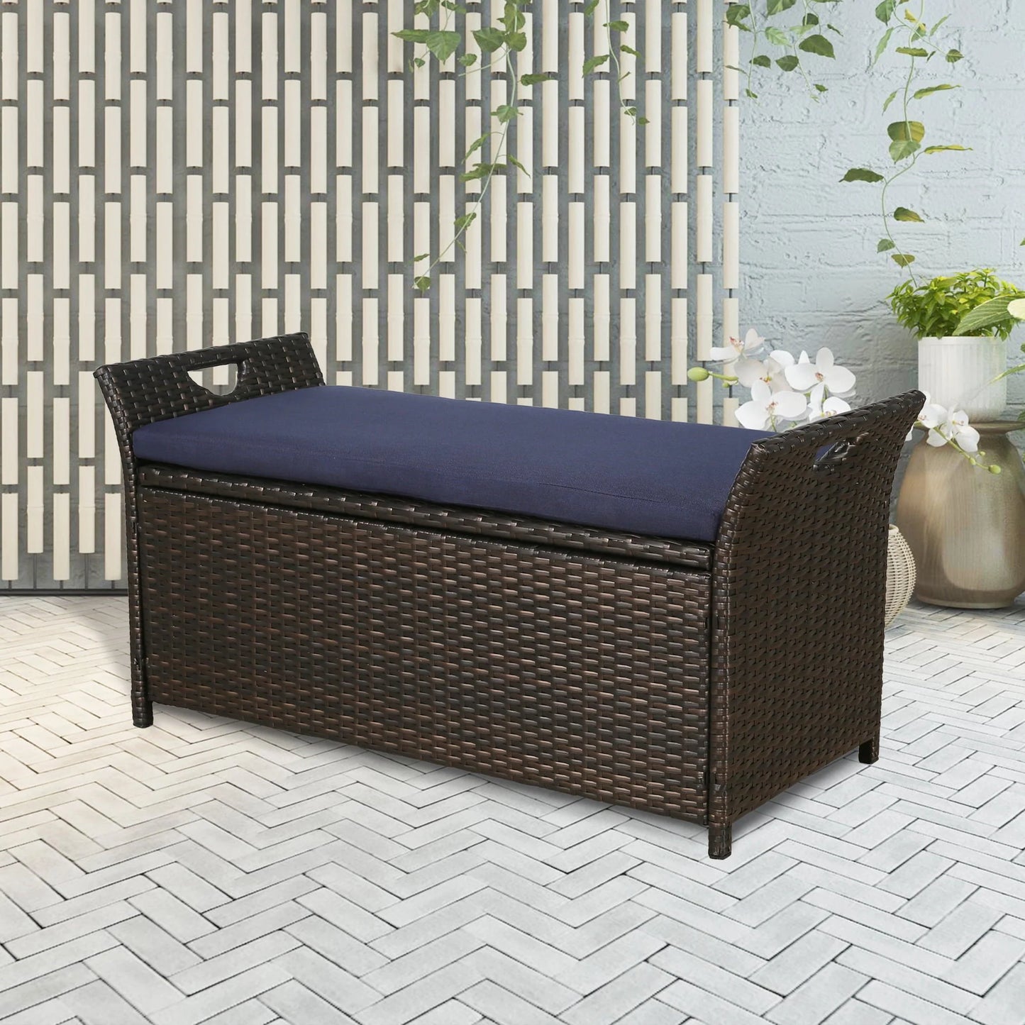 Ulax Furniture 27.6 Gallon Patio Wicker Storage Box, Outdoor Rattan Storage Bench Deck Bin with Cushion and Hydraulic Hinge Lid (Navy)