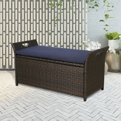 Ulax Furniture 27.6 Gallon Patio Wicker Storage Box, Outdoor Rattan Storage Bench Deck Bin with Cushion and Hydraulic Hinge Lid (Navy)