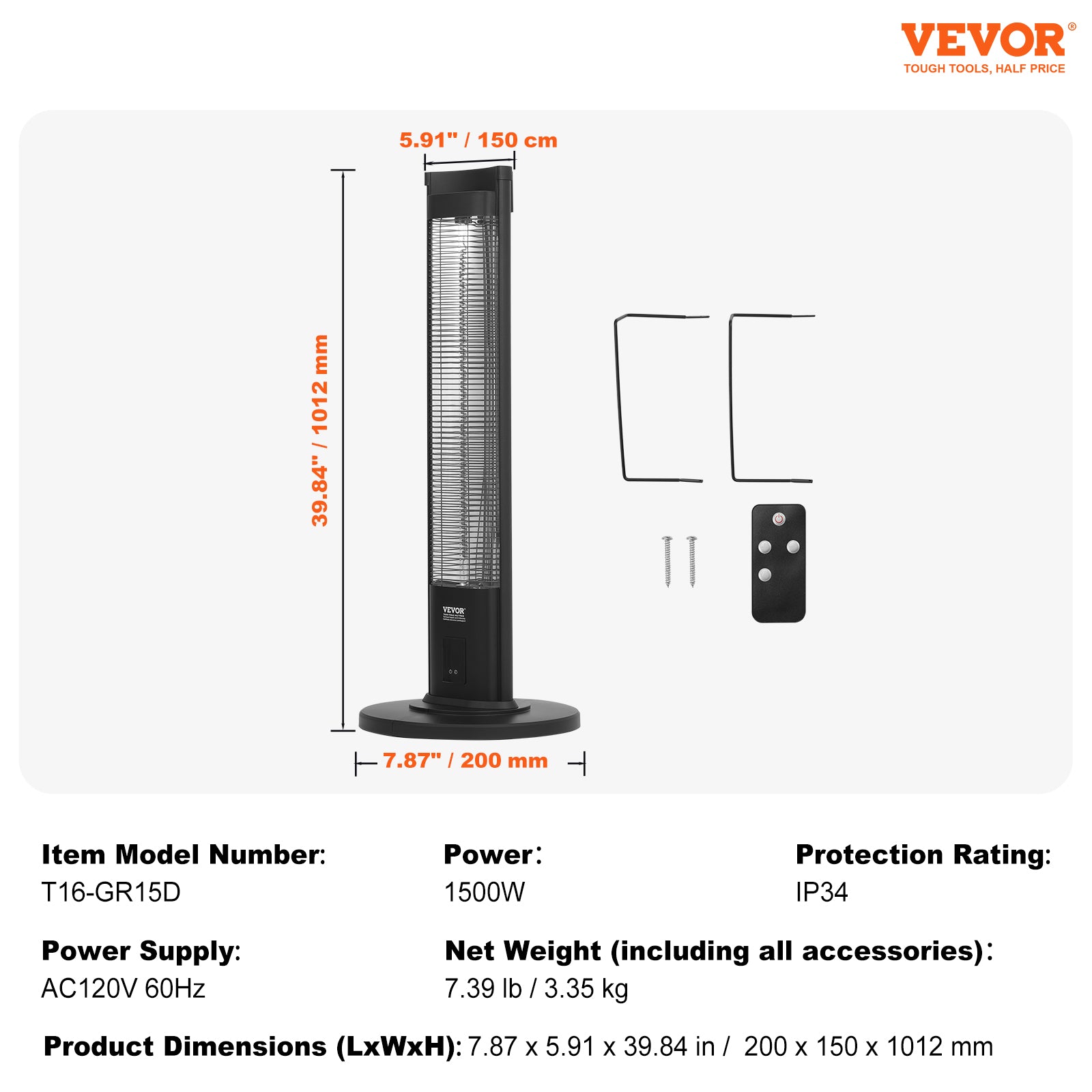 VEVOR Infrared Heater, 1500W Remote Control Electric Space Heater, Patio Heater w/3 Speeds & Timer & Tip-Over Protection, Outdoor/Outdoor for Bedroom,Studio,Porch,Dining Room,Studio, Stand,40in L