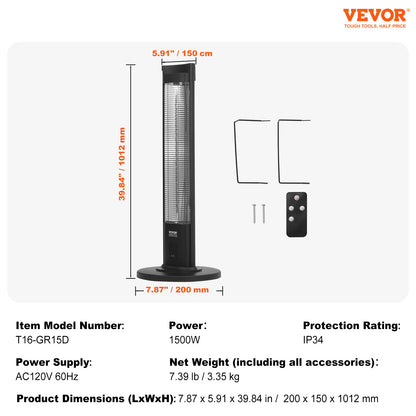 VEVOR Infrared Heater, 1500W Remote Control Electric Space Heater, Patio Heater w/3 Speeds & Timer & Tip-Over Protection, Outdoor/Outdoor for Bedroom,Studio,Porch,Dining Room,Studio, Stand,40in L
