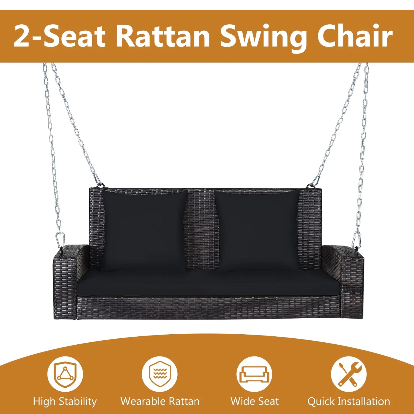 Topbuy Outdoor Wicker Porch Swing Bench 2-Person Patio Rattan Swing Chair W/Soft Cushions Black