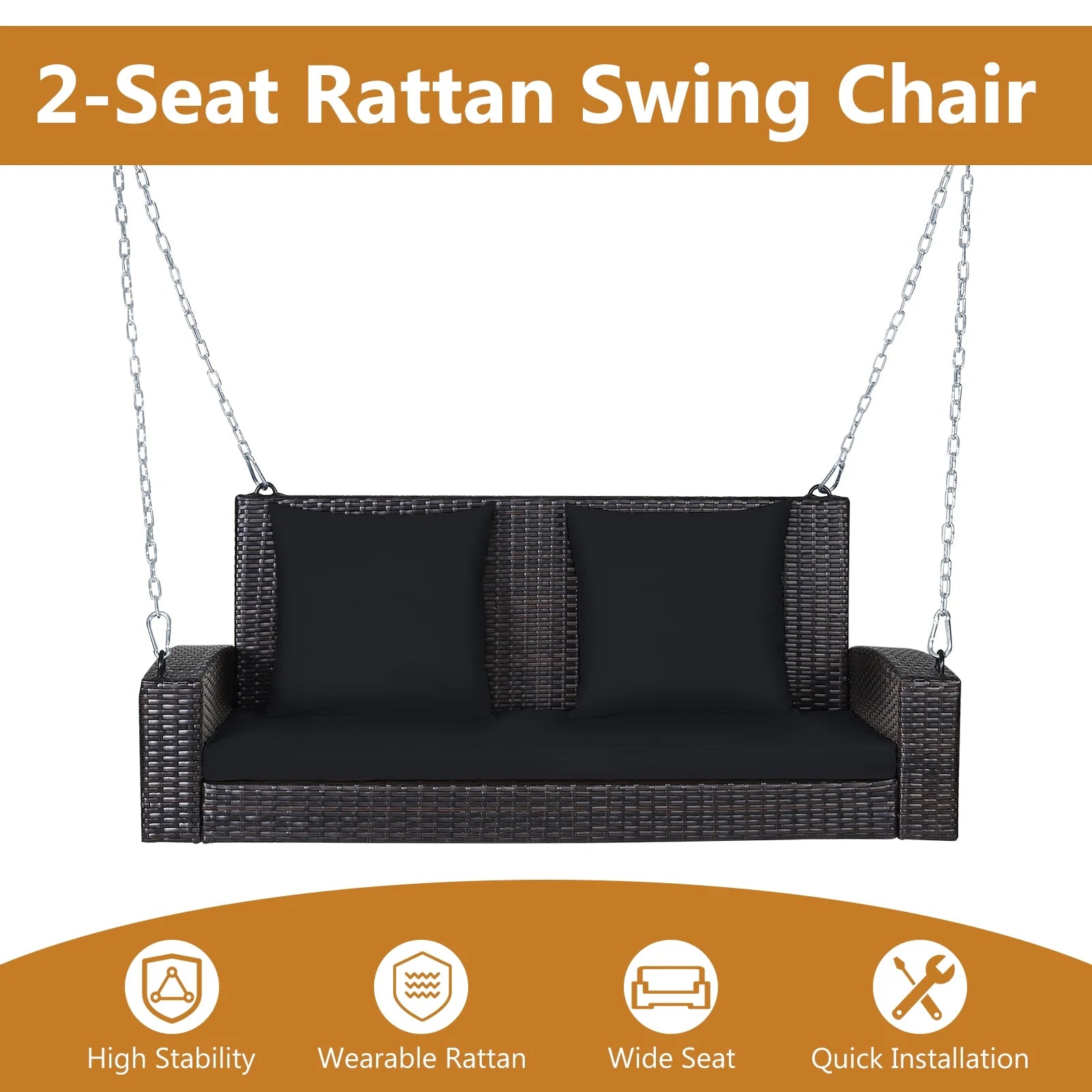 Topbuy Outdoor Wicker Porch Swing Bench 2-Person Patio Rattan Swing Chair W/Soft Cushions Black