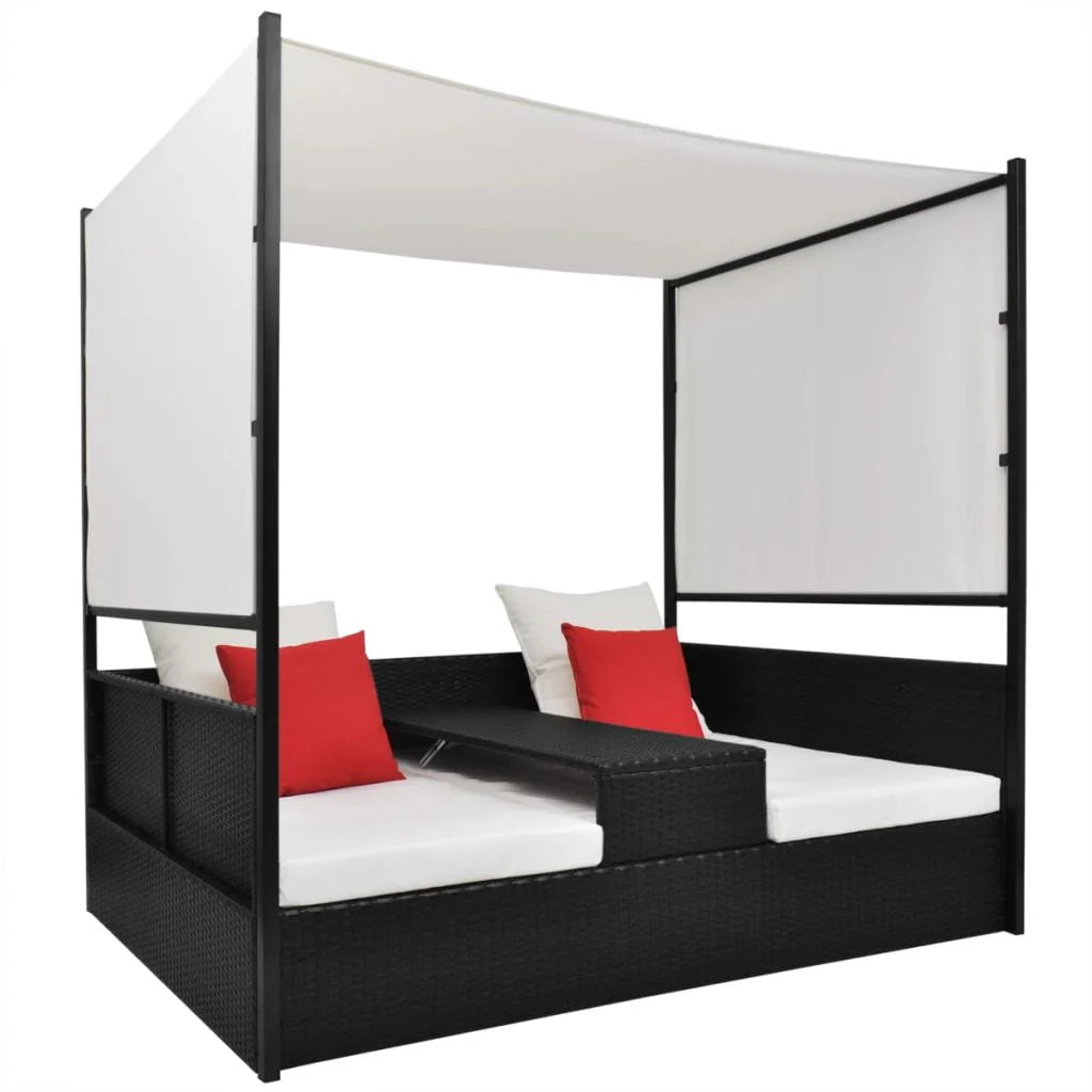 vidaXL Patio Bed Outdoor Patio Double Chaise Lounge with Canopy Poly Rattan