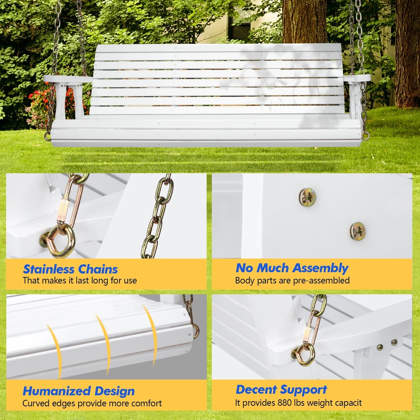 Zimtown Patio Wooden Porch Swing Swing Chair Bench Heavy Duty 880lbs with Hanging Chains for Outdoors,5 FT, White