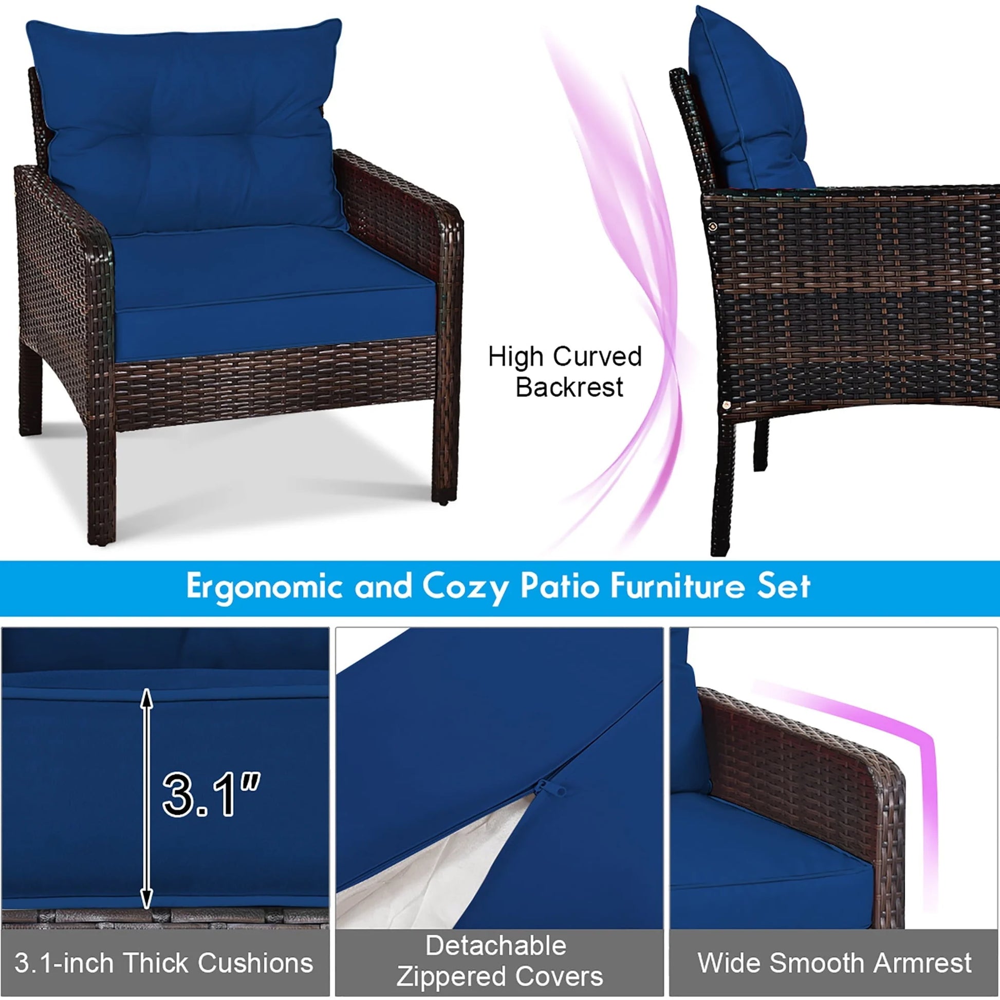 Costway 5 PCS Patio Rattan Wicker Furniture Set Sofa Ottoman Coffee Table Cushioned Navy