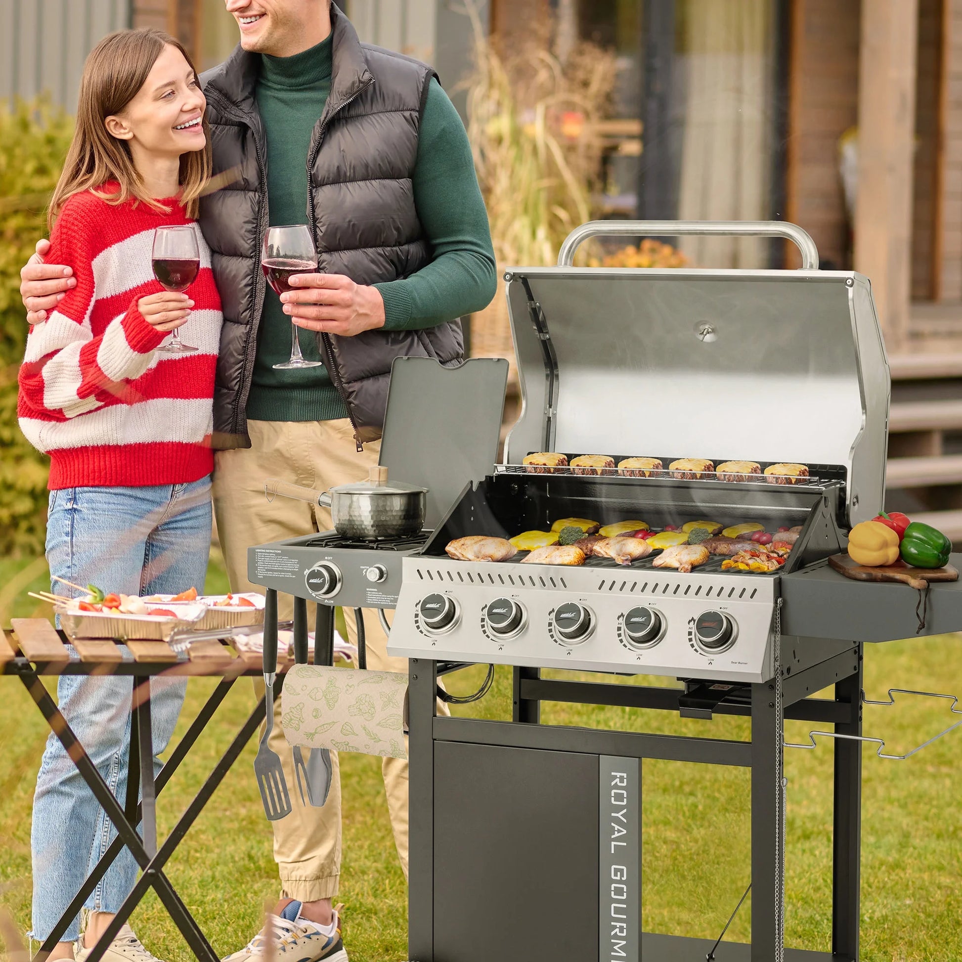 Royal Gourmet GA5406TS 5-Burner Gas Grill with Side Burner and Sear Burner,Cart Style Gas Grill with Side Shelf for Patio Garden Picnic Backyard Cooking, Silver & Black