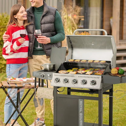 Royal Gourmet GA5406TS 5-Burner Gas Grill with Side Burner and Sear Burner,Cart Style Gas Grill with Side Shelf for Patio Garden Picnic Backyard Cooking, Silver & Black
