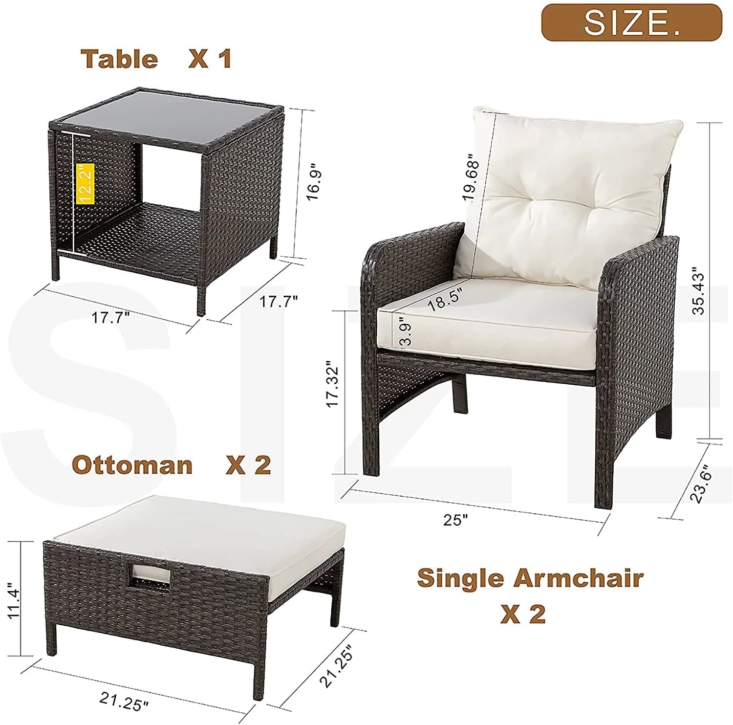 Sobaniilo 5 Piece Patio Furniture Set, Outdoor PE Wicker Chairs for Two with Ottoman Underneath(Beige)