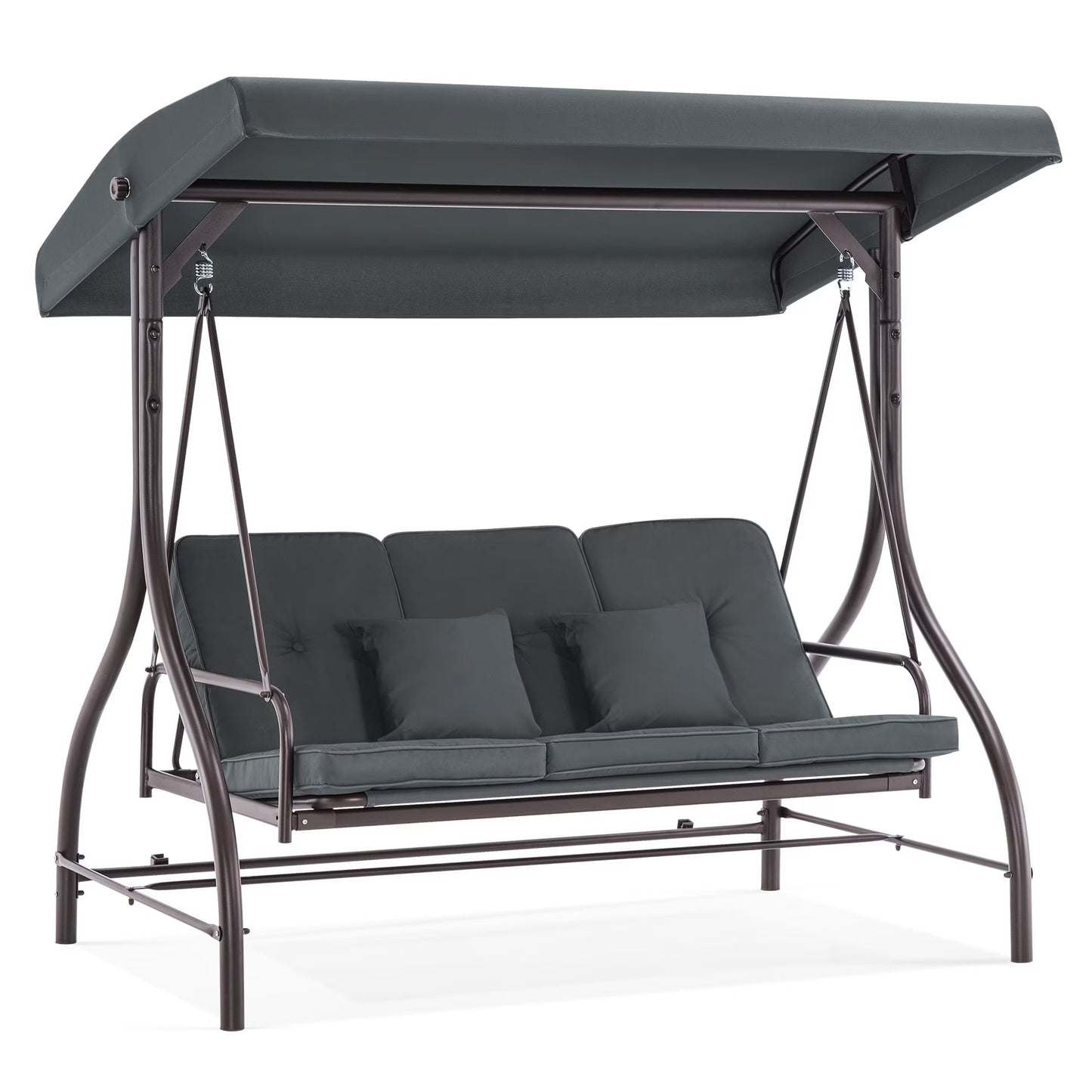 MCombo 3-Seat Outdoor Patio Swing Chair Cushioned with Adjustable Backrest and Canopy, Pillow, Brown