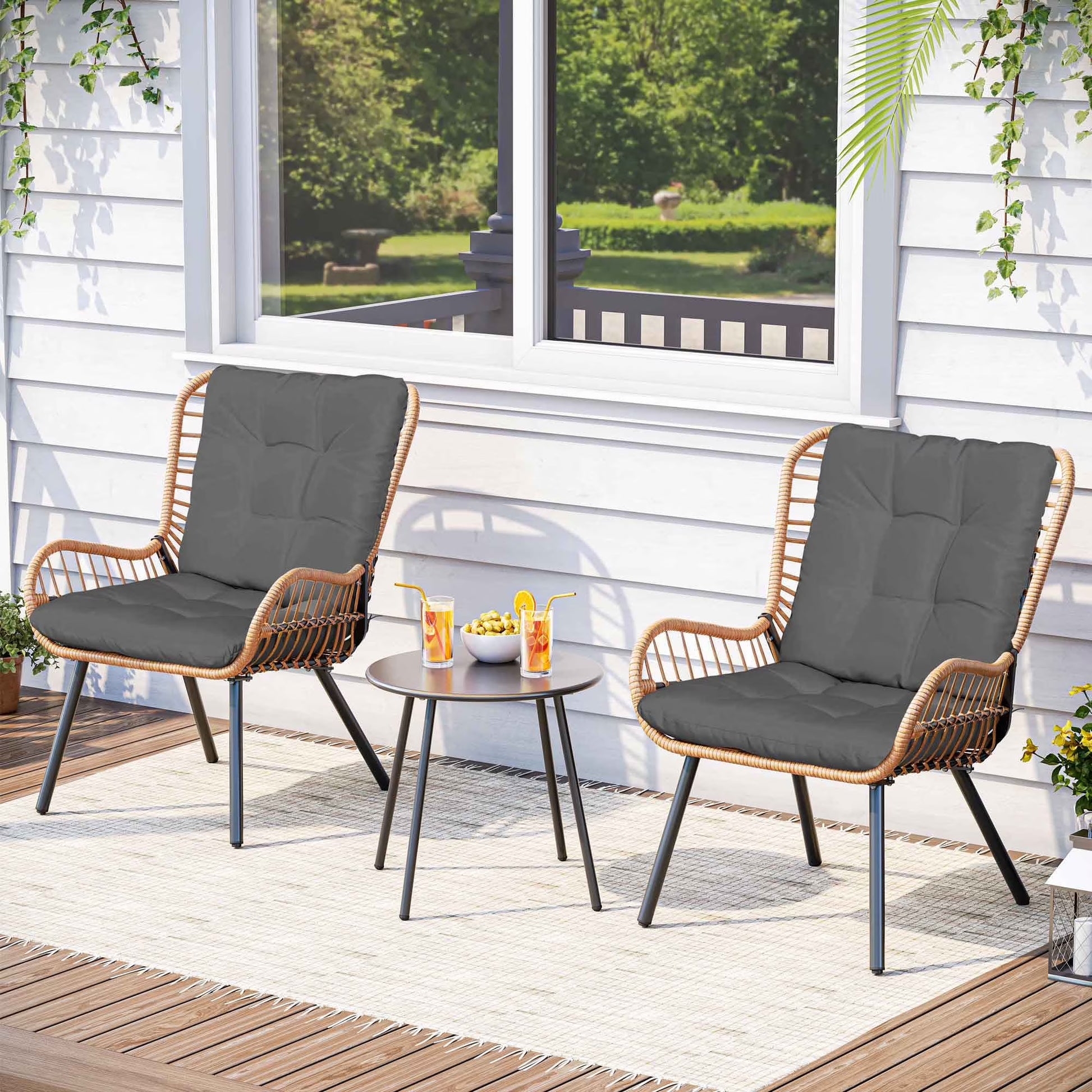 LAUSAINT HOME 3-Piece Patio Furniture Set, High Back Outdoor Bistro with Coffee Table & Beige Cushions for Garden or Deck