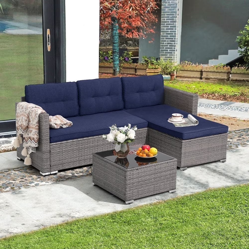 JOIVI 3 Pieces Patio Conversation Set, PE Wicker Rattan Outdoor Furniture Set, 2 Ways Small Sectional Sofa, Tempered Glass Coffee Table, Silver-Gray