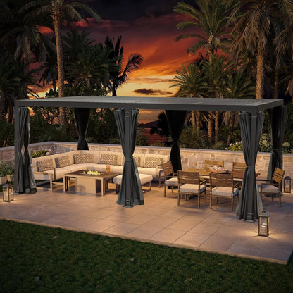 GAZEBETER 12' x 20' Louvered Pergola, Outdoor Aluminium Pergola with Adjustable Roof, Curtains and Netting, Hardtop Gazebo for Patio, Deck, Garden, Yard, Beach, White