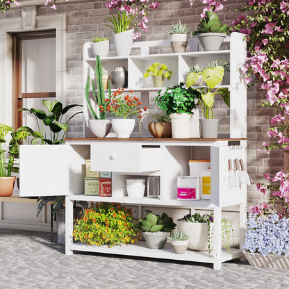 Garden Potting Bench Table with Hutch, Patio Storage Workstation with Adjustable Shelves, 1 Drawer, 2 Cabinets and 3 Side Hooks for Mudroom, Doorway, White