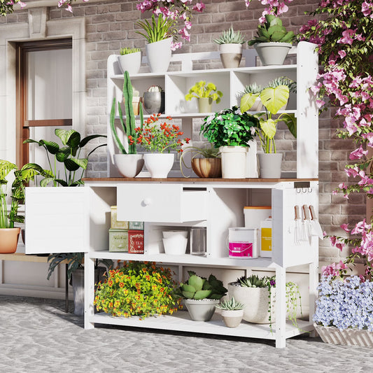 Garden Potting Bench Table with Hutch, Patio Storage Workstation with Adjustable Shelves, 1 Drawer, 2 Cabinets and 3 Side Hooks for Mudroom, Doorway, White