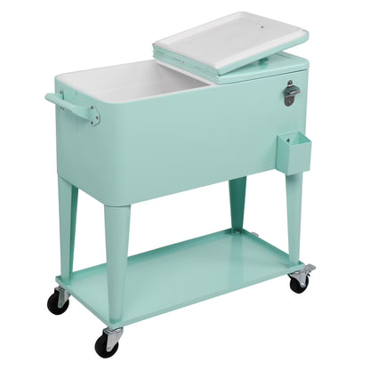80Qt All-In-One Cooler Cart With Bottle Opener, Lower Storage Shelf and Cap Catcher, Outdoor Party Rolling Cooler With Lockable Wheels For Pool Side, Patio, Balcony, Mint(33.07 x 15.16 x 35.83)"